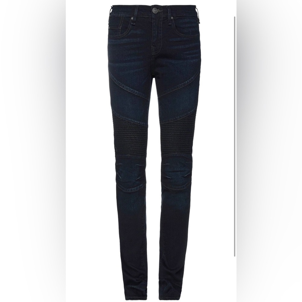 NWT True Religion Rocco Moto Biker Denim Relaxed Skinny Jeans Dark Dusty Trail